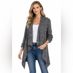 JOIE Wool Blend Marled Grey Waterfall Open Front Cardigan w/ Pockets  Sz L